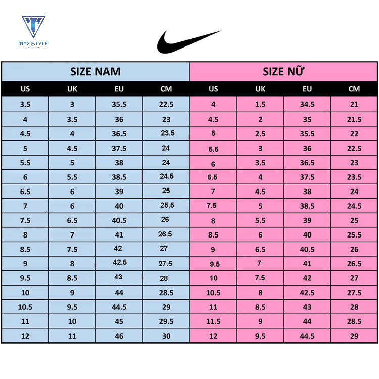 Bảng size dép Nike nam,nữ